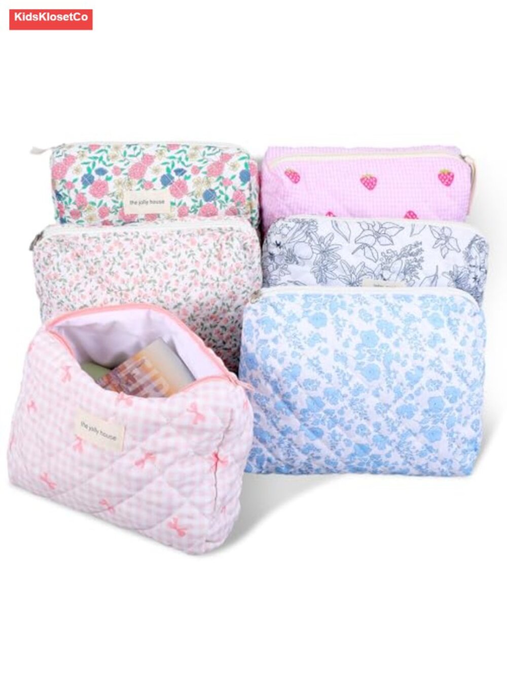 6 Pcs Quilted Makeup Bag Cotton Cosmetic Pouch Travel Toiletry Floral Set